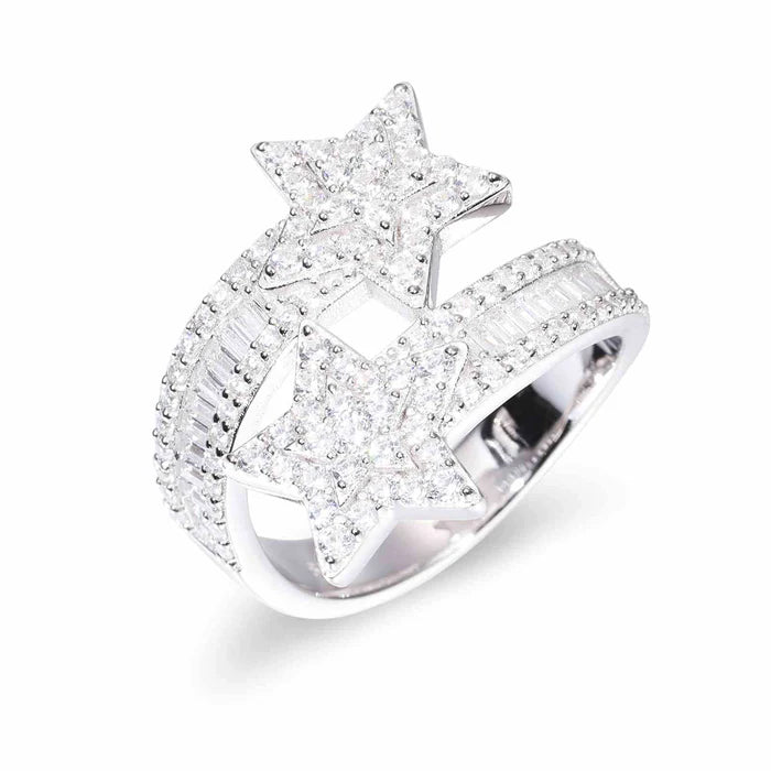 ANILLO ESTRELLA DE BAGUETTE MOISSANITA - ORO BLANCO - PLATA 925 - Bling del Barrio