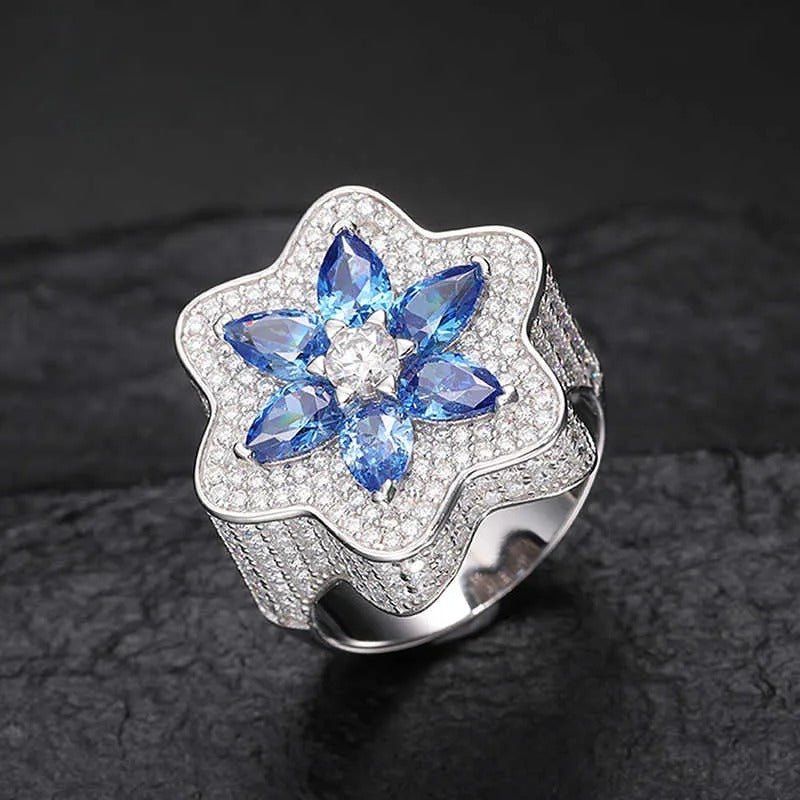 ANILLO ESTRELLA DE SEIS PUNTAS MOISSANITA VVS + CIRCONITA AZUL - PLATA 925 - ORO BLANCO - Bling del Barrio