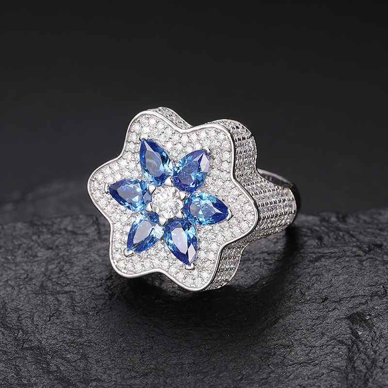 ANILLO ESTRELLA DE SEIS PUNTAS MOISSANITA VVS + CIRCONITA AZUL - PLATA 925 - ORO BLANCO - Bling del Barrio