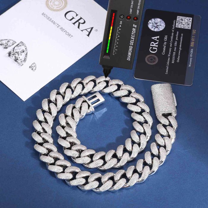 CADENA CUBANA BURBUJA DE MOISSANITA VVS DE 18mm - ORO BLANCO - PLATA 925 - Bling del Barrio
