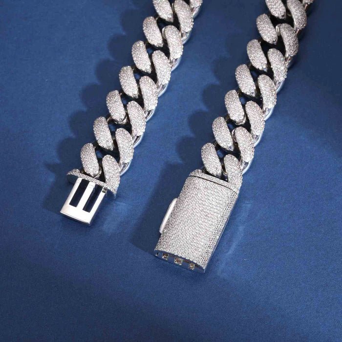 CADENA CUBANA BURBUJA DE MOISSANITA VVS DE 18mm - ORO BLANCO - PLATA 925 - Bling del Barrio