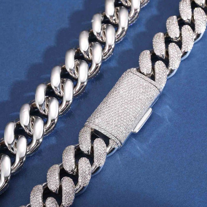 CADENA CUBANA BURBUJA DE MOISSANITA VVS DE 18mm - ORO BLANCO - PLATA 925 - Bling del Barrio