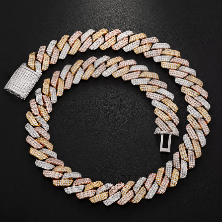 CADENA CUBANA DE 3 COLORES CON MOISSANITA VVS - PLATA 925 - 19mm - Bling del Barrio