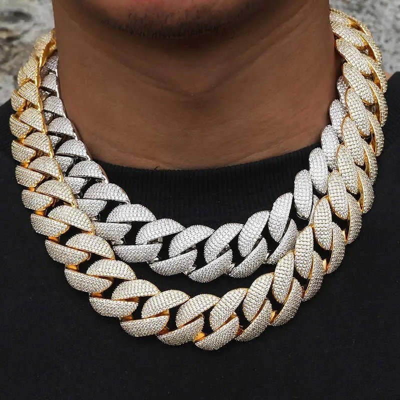 CADENA CUBANA DE 5 FILAS CON MOISSANITA VVS - ORO BLANCO/ORO - PLATA 925 - 23MM - Bling del Barrio