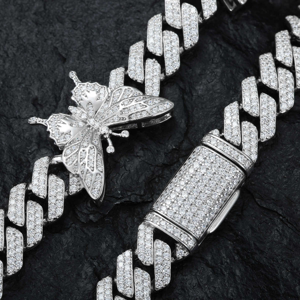 CADENA CUBANA DE MOISSANITA VVS CON MARIPOSAS DE 20mm - PLATA 925 - ORO BLANCO - Bling del Barrio