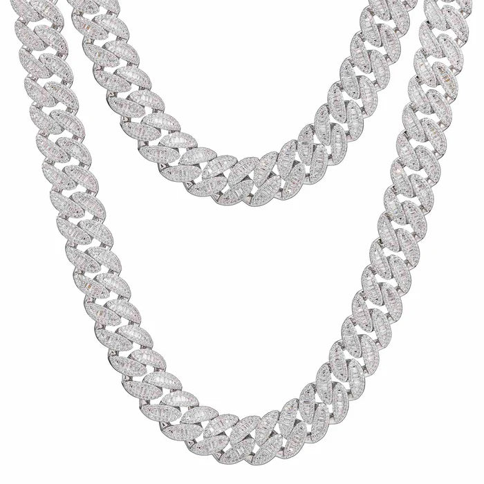 CADENA DE ESLABONES CUBANOS EN HOJA BAGUETTE DE MOISSANITA VVS 20mm - ORO BLANCO - PLATA 925 - Bling del Barrio