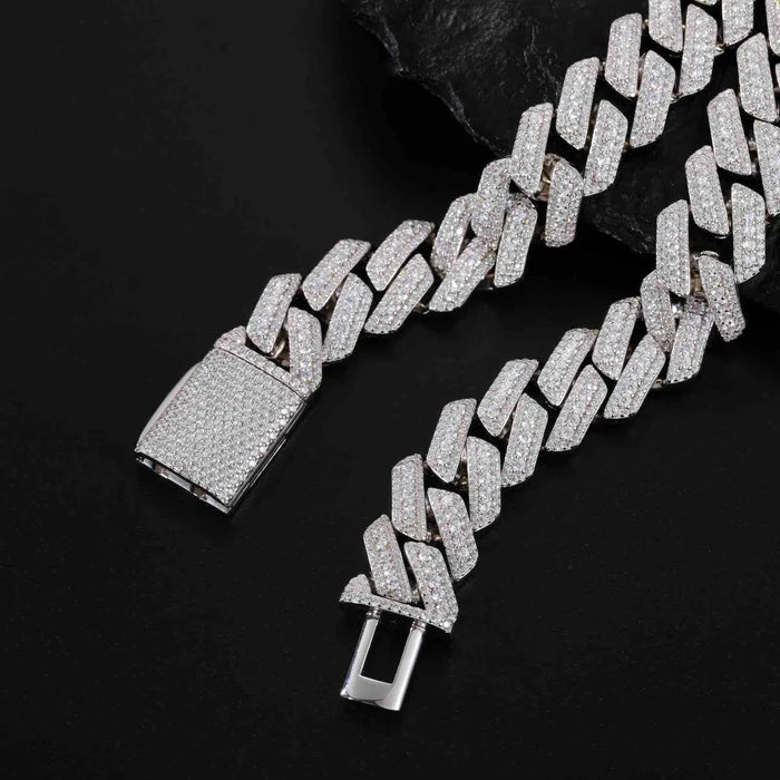CADENA DE ESLABONES CUBANOS MOISSANITA VVS 15mm - ORO BLANCO - PLATA 925 - Bling del Barrio