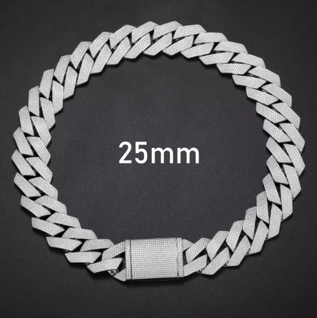 CADENA DE ESLABONES CUBANOS MOISSANITA VVS 8 - 25mm - ORO BLANCO - PLATA 925 - Bling del Barrio