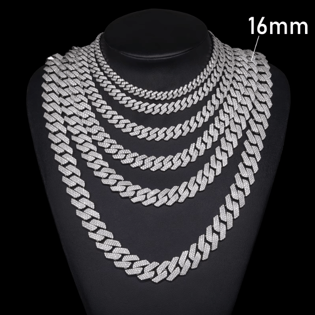 CADENA DE ESLABONES CUBANOS MOISSANITA VVS 8 - 25mm - ORO BLANCO - PLATA 925 - Bling del Barrio