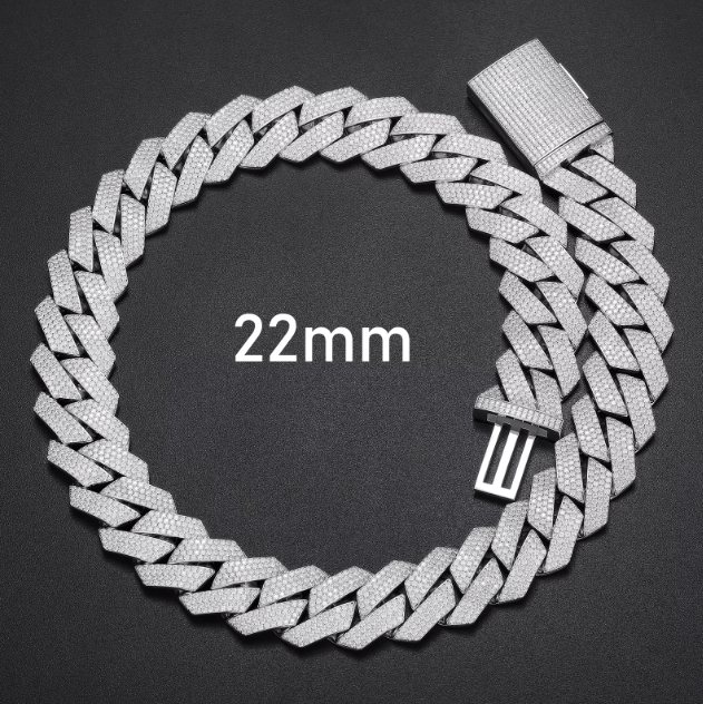 CADENA DE ESLABONES CUBANOS MOISSANITA VVS 8 - 25mm - ORO BLANCO - PLATA 925 - Bling del Barrio