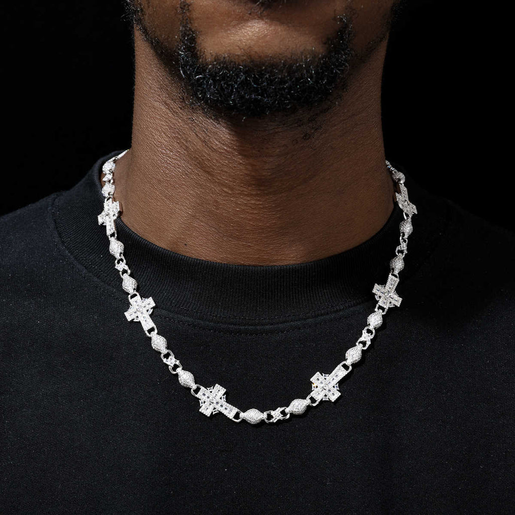 CADENA INFINITO CON CRUZ Y BOLAS MIXTAS CON MOISSANITA VVS - ORO BLANCO - PLATA 925 - Bling del Barrio
