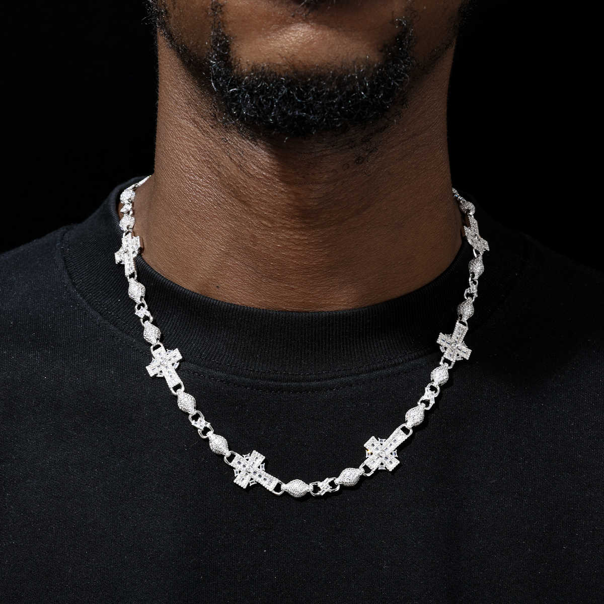 CADENA INFINITO CON CRUZ Y BOLAS MIXTAS CON MOISSANITA VVS - ORO BLANCO - PLATA 925 - Bling del Barrio