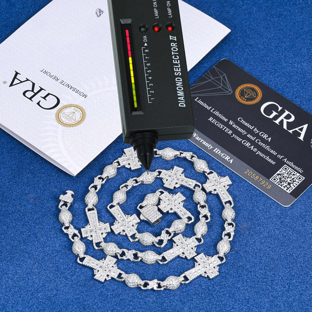 CADENA INFINITO CON CRUZ Y BOLAS MIXTAS CON MOISSANITA VVS - ORO BLANCO - PLATA 925 - Bling del Barrio