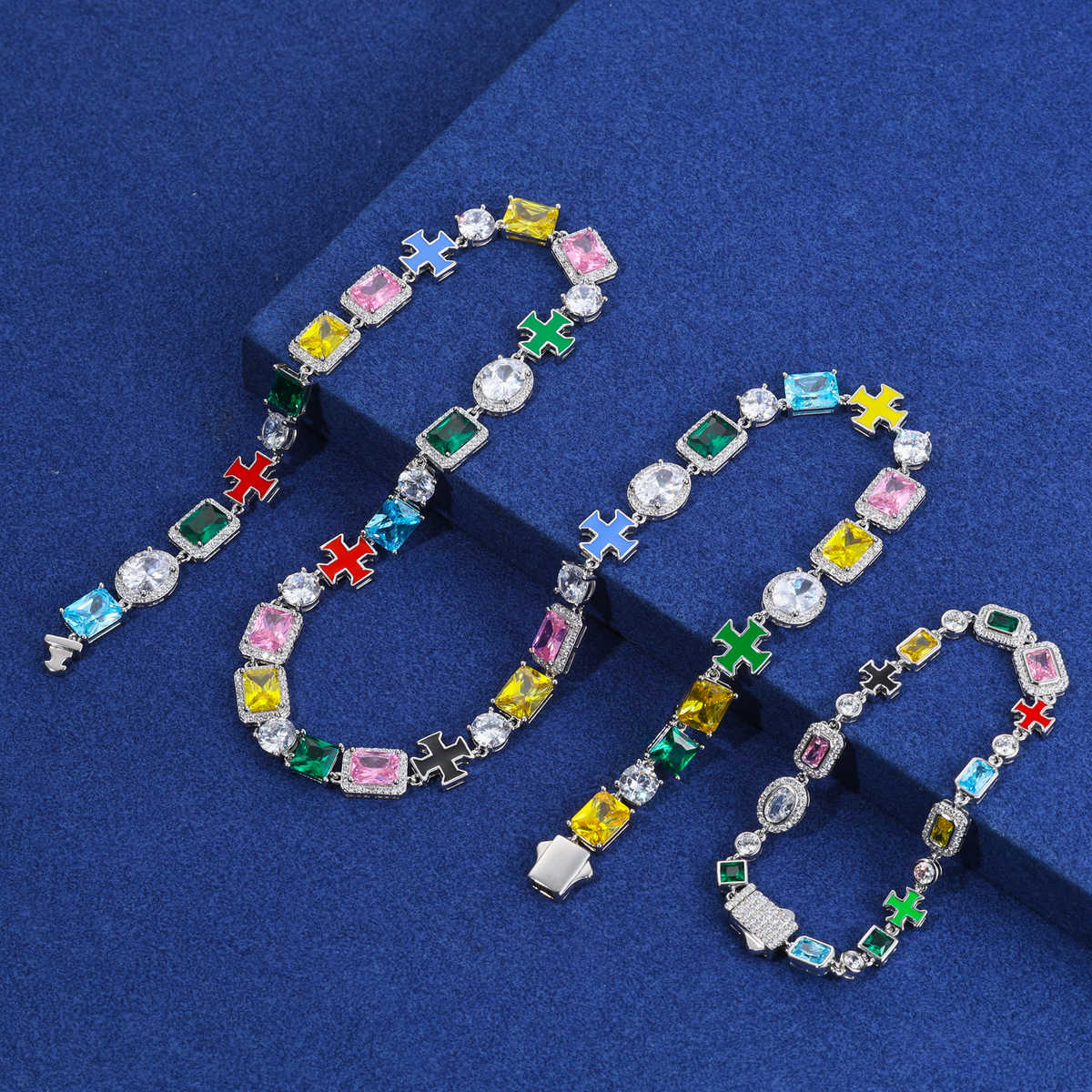 CADENA MIXTA DE CIRCONES COLORIDOS Y MOISSANITA VVS - PLATA 925 - ORO BLANCO - Bling del Barrio