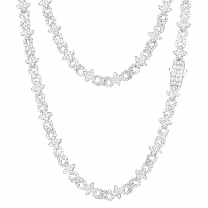 CADENA SÍMBOLO INFINITO Y ESTRELLAS MOISSANITA VVS 8mm - ORO BLANCO - PLATA 925 - Bling del Barrio