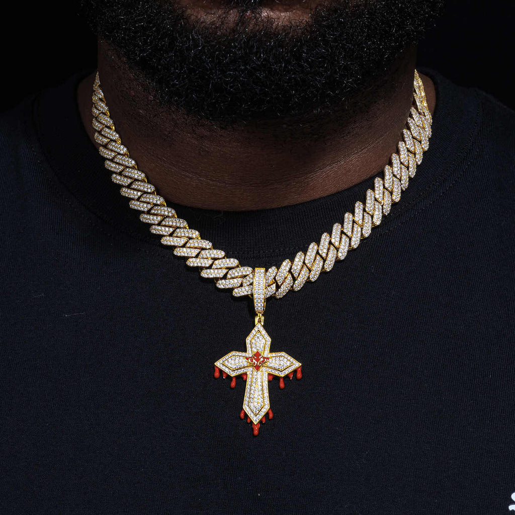 COLGANTE CRUZ "DRIPPING BLOOD" CON MOISSANITA VVS EN PLATA 925 - ORO/ORO BLANCO - Bling del Barrio