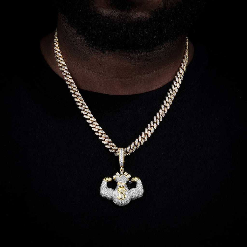 COLGANTE DE BOLSA DE DINERO FLEXING CON MOISSANITA VVS - ORO BLANCO/ORO - PLATA 925 - Bling del Barrio