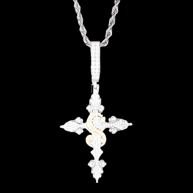 COLGANTE DE CRUZ IRIS CON SÍMBOLO DE DÓLAR MOISSANITA VVS - PLATA 925 - ORO BLANCO - Bling del Barrio