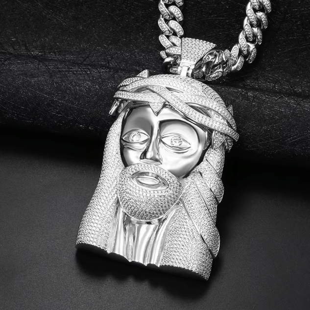 COLGANTE GRANDE DE CABEZA DE JESÚS DE MOISSANITA VVS - ORO BLANCO - PLATA 925 - Bling del Barrio