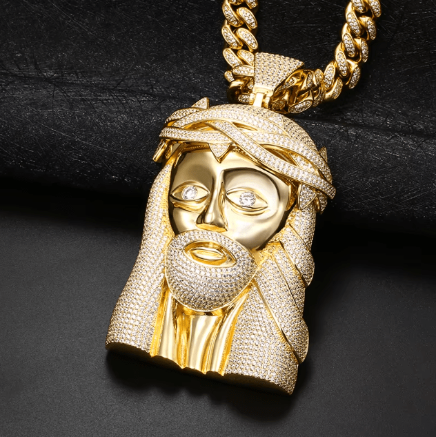 COLGANTE GRANDE DE CABEZA DE JESÚS EN MOISSANITA VVS - PLATA 925 - ORO - Bling del Barrio