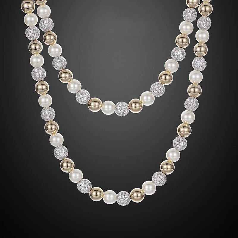 COLLAR DE PERLAS Y CIRCONES DE 10mm - Bling del Barrio