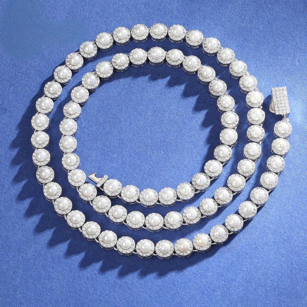 COLLAR MOISSANITA VVS Y PERLA DE AGUA DULCE 6mm - PLATA 925 - ORO BLANCO - Bling del Barrio