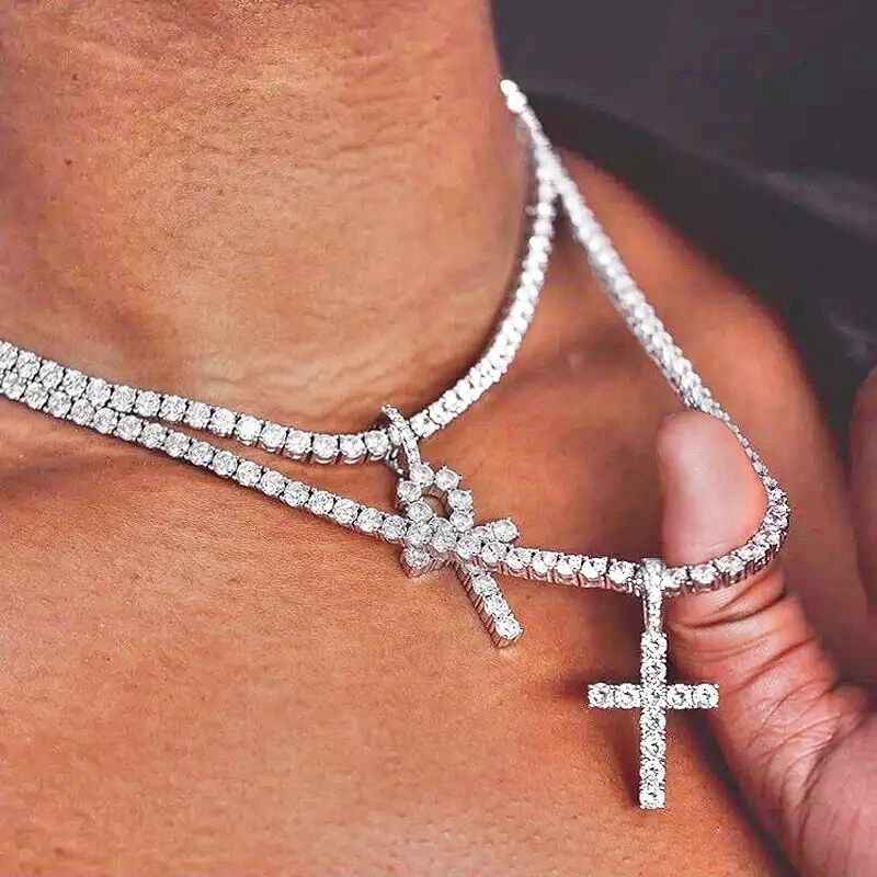 JUEGO DE JOYERÍA: CADENA TENIS DE 4MM + COLGANTE DE CRUZ MOISSANITA VVS - PLATA 925 - ORO BLANCO - Bling del Barrio
