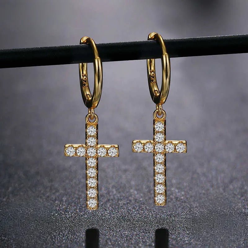 PENDIENTES COLGANTES DE CRUZ MOISSANITA VVS - PLATA 925 - ORO - Bling del Barrio
