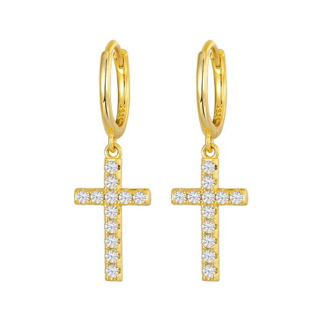 PENDIENTES COLGANTES DE CRUZ MOISSANITA VVS - PLATA 925 - ORO - Bling del Barrio