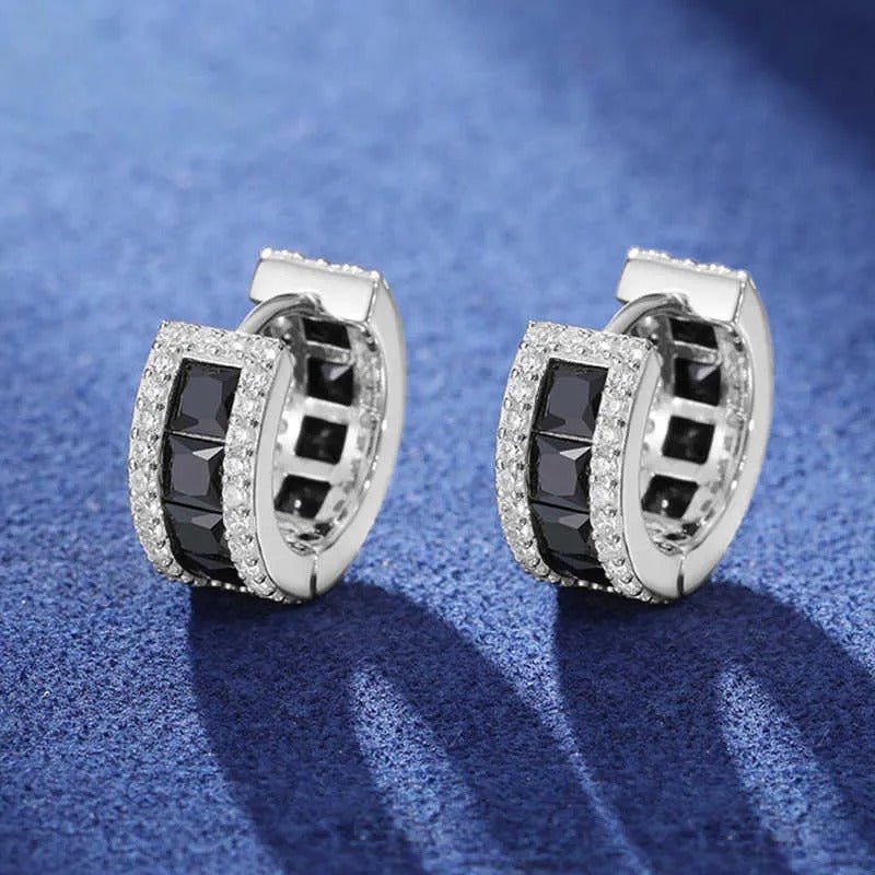 PENDIENTES DE ARO CON MOISSANITA NEGRA DE CORTE ESMERALDA - PLATA 925 - ORO BLANCO - Bling del Barrio