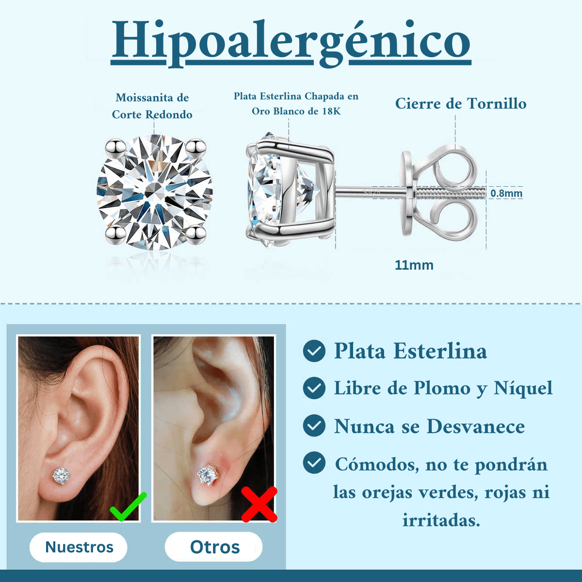 PENDIENTES DE TUERCA CON CIERRE DE ROSCA MOISSANITA VVS 3 - 10mm - PLATA 925 - REGALO GRATIS - Bling del Barrio