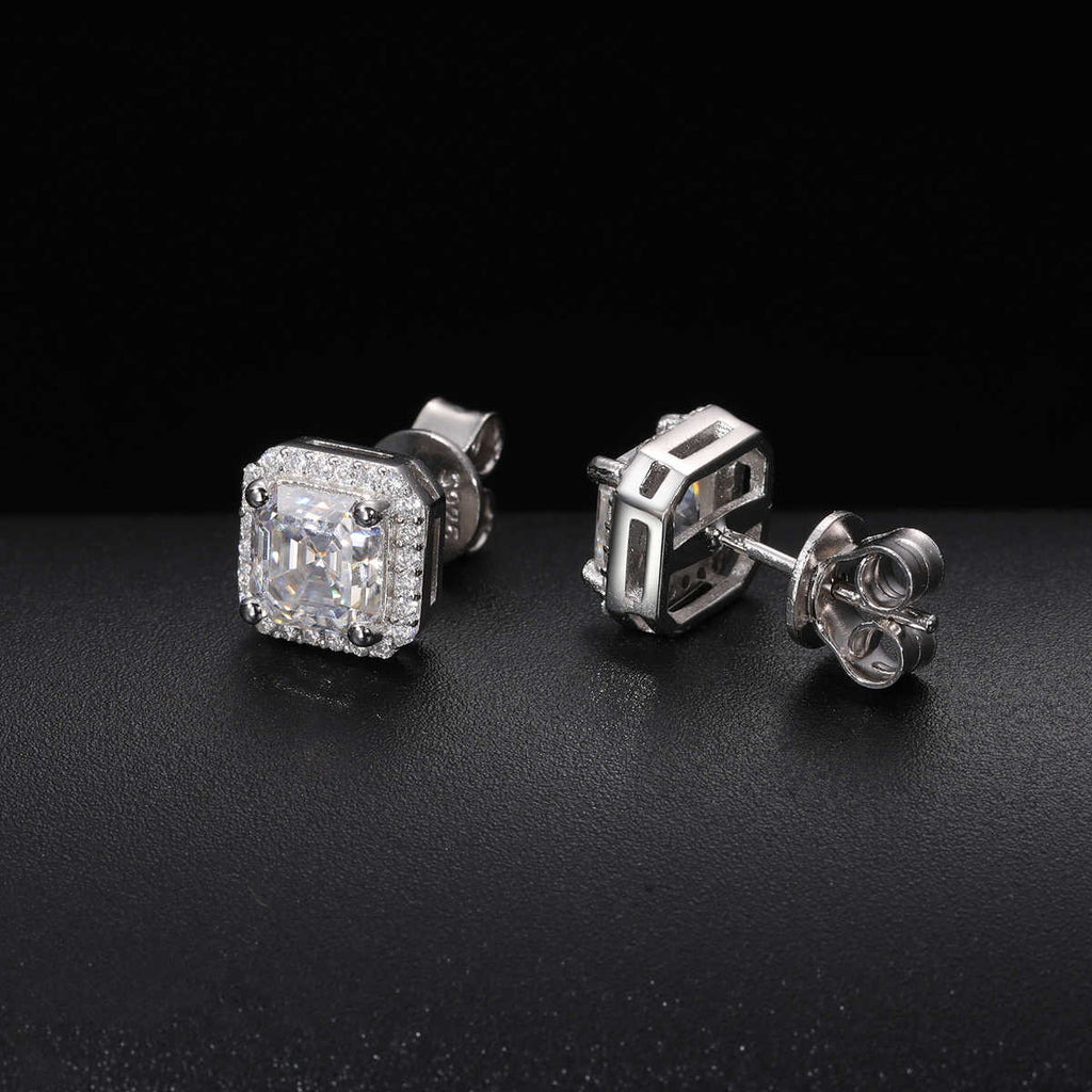 PENDIENTES DE TUERCA CON MOISSANITA VVS CORTE RECTANGULAR - PLATA 925 - ORO BLANCO - Bling del Barrio