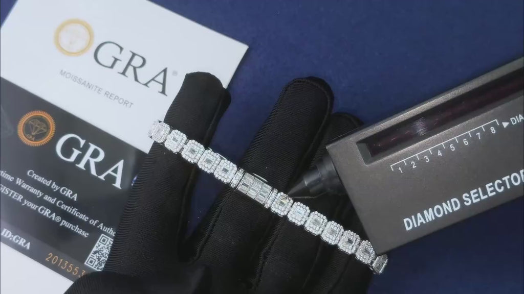 PULSERA TENIS EN MOISSANITA VVS CORTE BAGUETTE DE 7mm - PLATA 925 - ORO BLANCO - Bling del Barrio