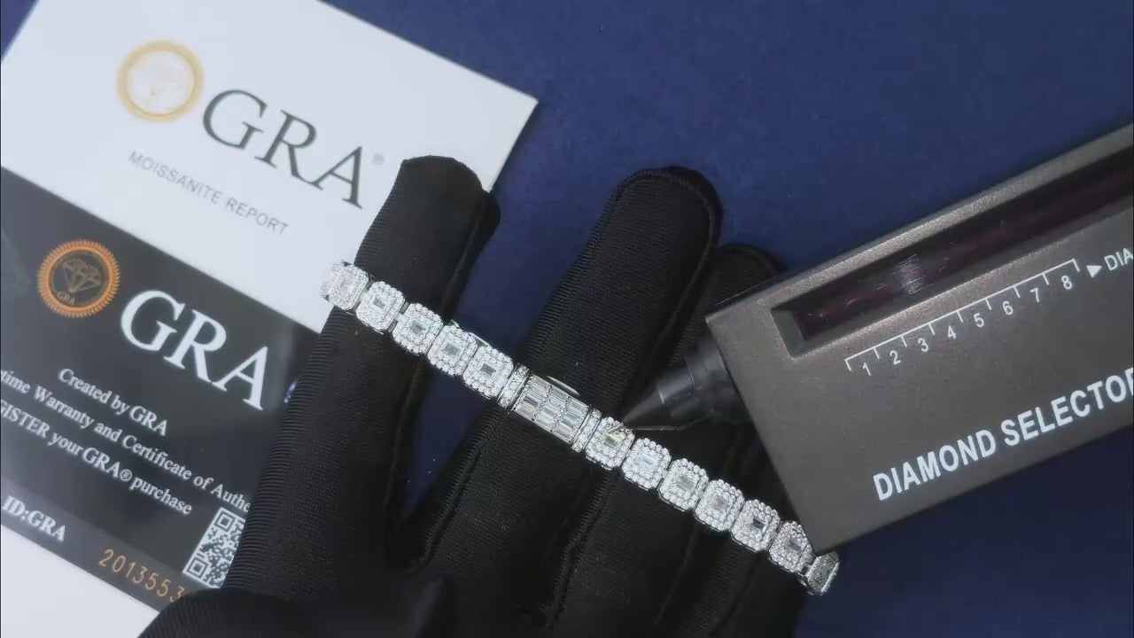 PULSERA TENIS EN MOISSANITA VVS CORTE BAGUETTE DE 7mm - PLATA 925 - ORO BLANCO - Bling del Barrio