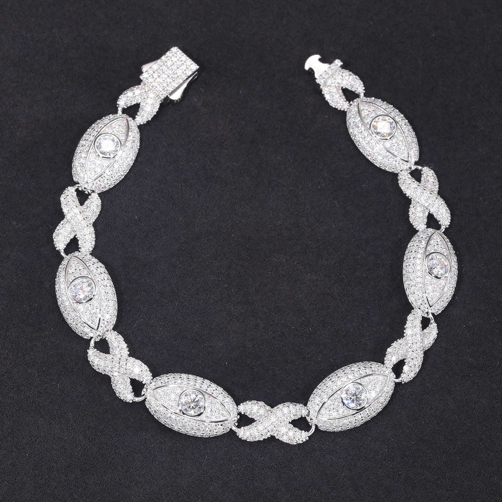 PULSERA CUBANA OJO TURCO DE MOISSANITA VVS - PLATA 925 - ORO BLANCO - Bling del Barrio