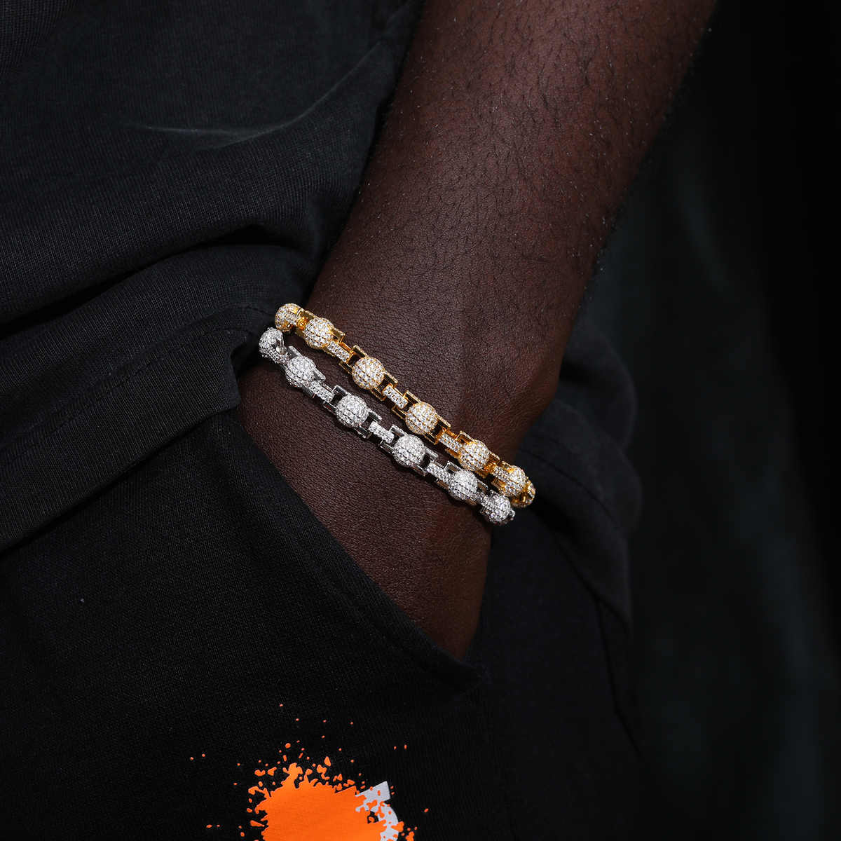 PULSERA DE ESLABONES CON CUENTAS DE MOISSANITA VVS 7mm - PLATA 925 - ORO - Bling del Barrio