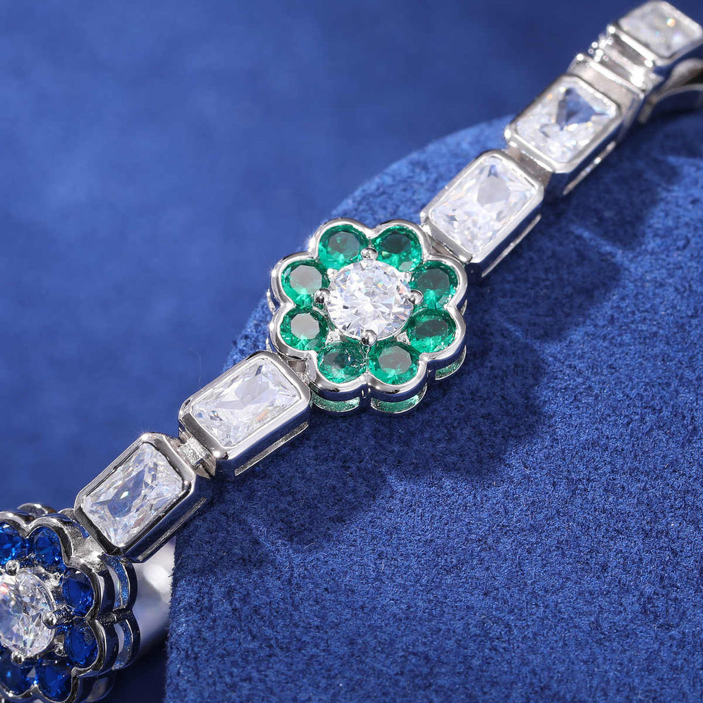 PULSERA DE FLORES COLOREADAS EN MOISSANITA VVS - PLATA 925 - ORO BLANCO - Bling del Barrio