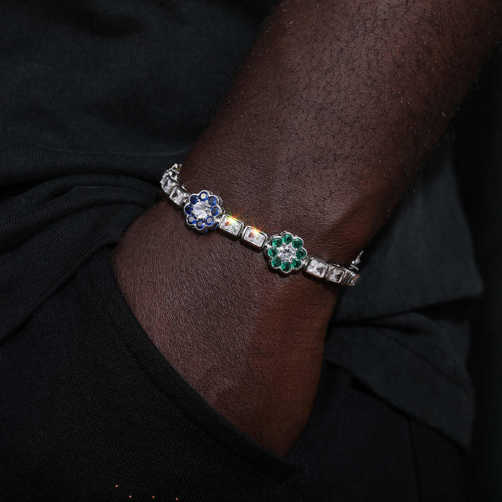 PULSERA DE FLORES COLOREADAS EN MOISSANITA VVS - PLATA 925 - ORO BLANCO - Bling del Barrio