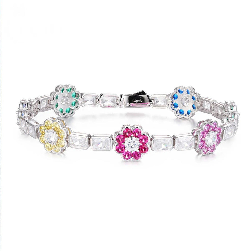 PULSERA DE FLORES COLOREADAS EN MOISSANITA VVS - PLATA 925 - ORO BLANCO - Bling del Barrio