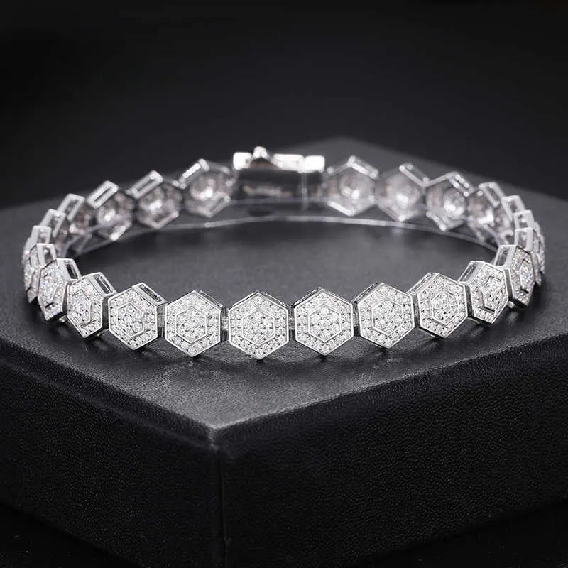 PULSERA DE HEXAGONOS MOISSANITA VVS - PLATA 925 - ORO BLANCO - Bling del Barrio