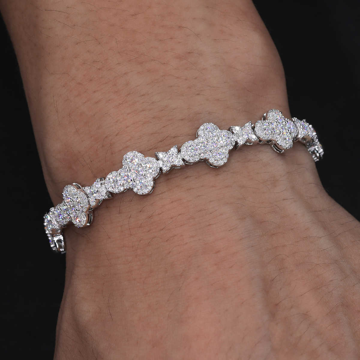 PULSERA ESLABONES CRUZADOS CON ESTRELLAS DE MOISSANITA VVS - PLATA 925 - ORO BLANCO - Bling del Barrio