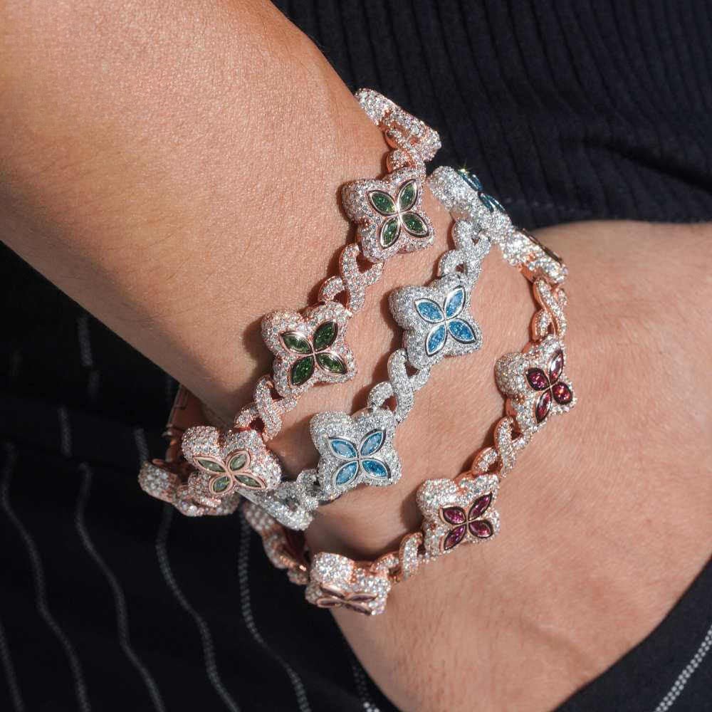 PULSERA ESLABONES INFINITOS CON MOISSANITA VVS Y DETALLES DE TRÉBOLES EN CZ DE COLORES - ORO BLANCO - Bling del Barrio