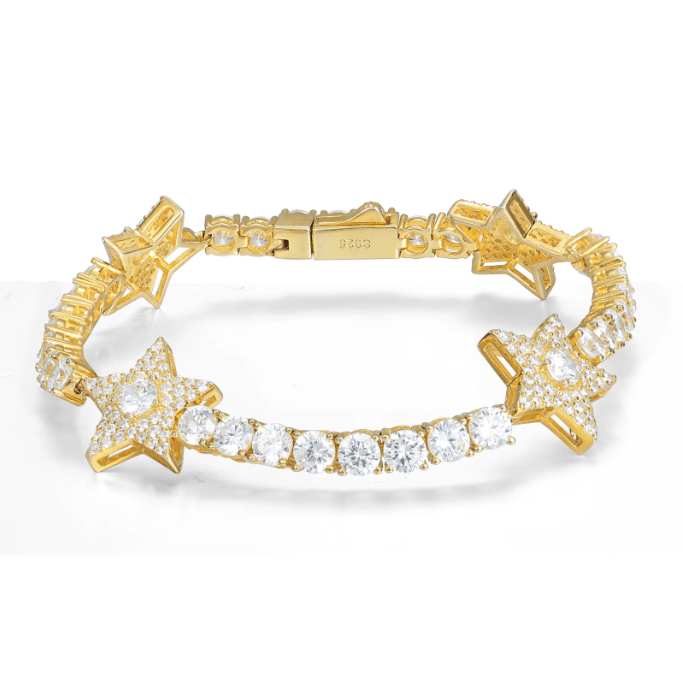 Pulsera Tenis Con Estrellas De Moissanita 14mm - Oro/Oro Blanco - Bling del Barrio