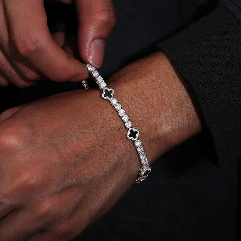 PULSERA TENIS DE MOISSANITA VVS NEGRA CON TRÉBOL 8mm - PLATA 925 - ORO BLANCO - Bling del Barrio