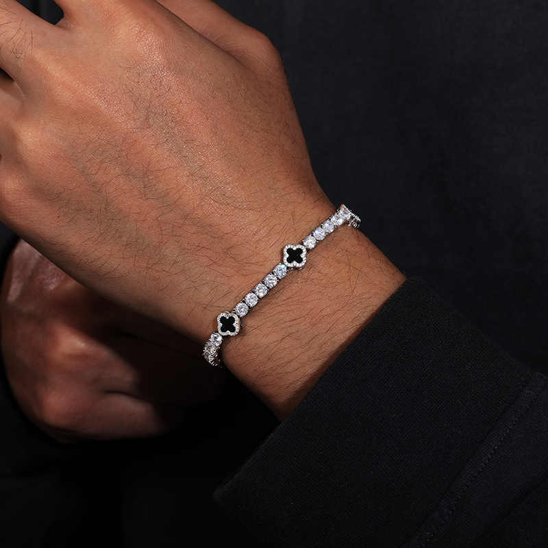 PULSERA TENIS DE MOISSANITA VVS NEGRA CON TRÉBOL 8mm - PLATA 925 - ORO BLANCO - Bling del Barrio
